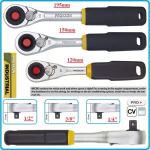 Тресчотка с къса дръжка, 1/4", 3/8", 1/2", 5°, 72 зъба, 120-150-195mm, PROXXON, 23160-2-4.